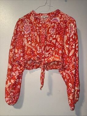 Rachel Zoe Red and Pink Floral Tie-Front Crop button down Blouse